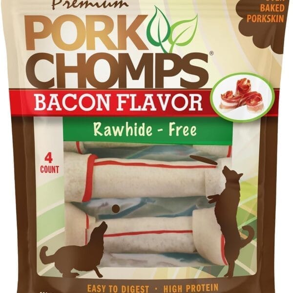 Pork Chomps Baked Pork Skin Dog Chews, 11-inch Knots, Bacon Flavor Strip, 4 Count