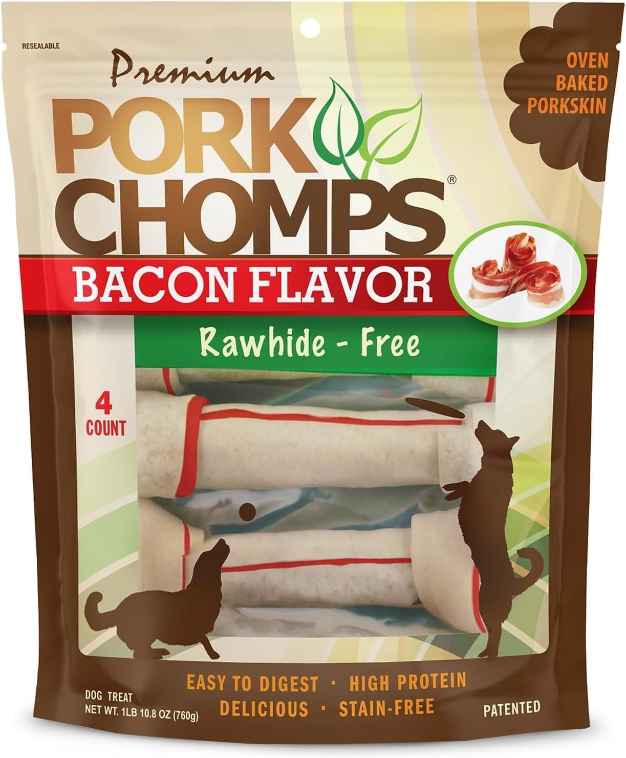 Pork Chomps Baked Pork Skin Dog Chews, 11-inch Knots, Bacon Flavor Strip, 4 Count Pork Chomps Baked Pork Skin Dog Chews, 11-inch Knots, Bacon Flavor Strip, 4 Count