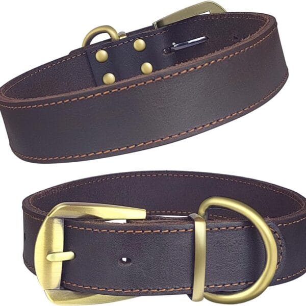 QRDA Leather Dog Collar Brown Dog Training Collar Heavy Duty Premium Leather Dog Collar Dog Collars for Large Dogs