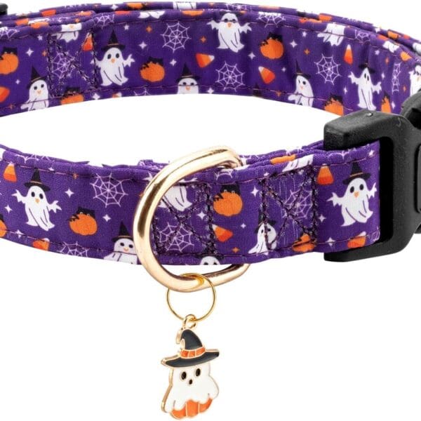 Fall Dog Collar,Soft and Cute Halloween Collars with Ghost Patterned Design for Girl Female Boy Dogs,Adjustable Buckle Pet Collar for Small Medium Large Dogs (Purple Ghost, S)