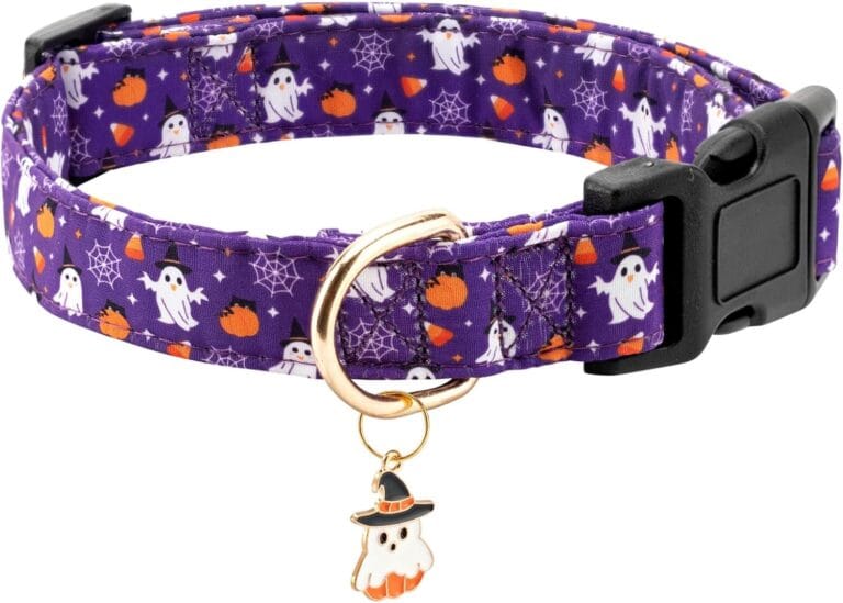 Fall Dog Collar,Soft and Cute Halloween Collars with Ghost Patterned Design for Girl Female Boy Dogs,Adjustable Buckle Pet Collar for Small Medium Large Dogs (Purple Ghost, S)