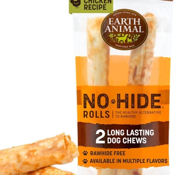 Earth Animal No Hide Chews - Long Lasting Rawhide Free Large Dog Chews Rolls, Chicken - 2 Count