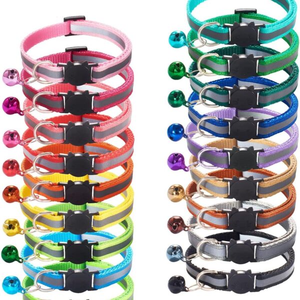 18Pcs Reflective Cat ID Collars with Bell Adjustable 19-32cm, Soft Nylon Adjustable Breakaway Identification Collars for Puppy Kittens