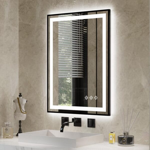 LED Bathroom Mirror, 24x32 Inch Black Framed Gradient Front and Backlit LED Mirror for Bathroom, 3 Colors Dimmable CRI>90, Enhanced Anti-Fog Wall Mounted Lighted Vanity Mirror