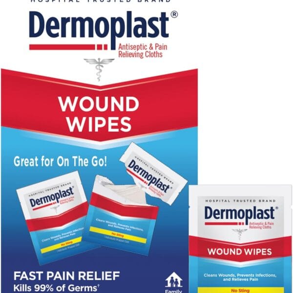 Dermoplast Wound Wipes Medicated First Aid Cloths, Analgesic & Antiseptic Wipes for Treating Minor Cuts, Scrapes and Burns on The Go, Sting Free Formula, 10 Individual Cloths (Packaging May Vary)