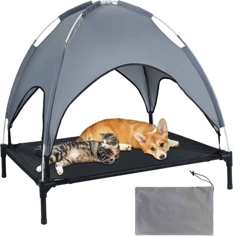 MYFULLY Elevated Dog Bed with Removable Sun Shade Canopy Portable Outdoor Pet Cot for Small and Medium Breeds, Waterproof Elevated Dog Bed for Camping, Backyard or Indoor Use