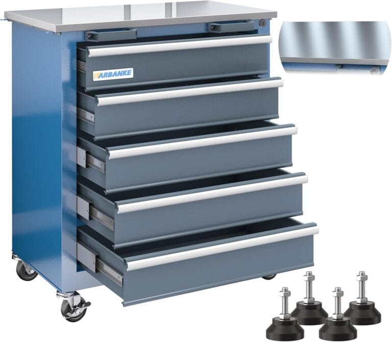 LARBANKE 5-Drawer Rolling Tool Chest with Stainless CounterTop,Tool Chest with Keyed Locking System, with Wheels and Foot Pads,Rolling Tool Cabinet with Drawer Liners,Unique Link Buckle for Connecting