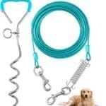 Dog Tie Out Cable and Stake,10FT Outside Dog Run Cable Leash&Chain with Shock Spring for Camping and Yard, 16'' Heavy Duty Anti Rust Spiral Stake for Small-Large Dogs Up to 200 lbs (Teal, 200lbs 10FT)