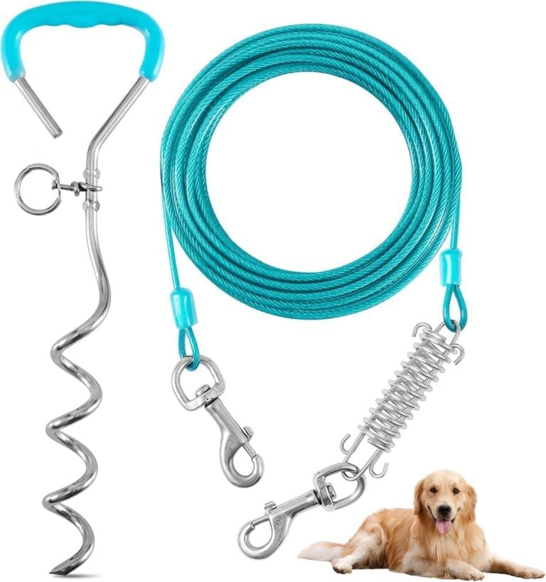 Dog Tie Out Cable and Stake,10FT Outside Dog Run Cable Leash&Chain with Shock Spring for Camping and Yard, 16'' Heavy Duty Anti Rust Spiral Stake for Small-Large Dogs Up to 200 lbs (Teal, 200lbs 10FT)