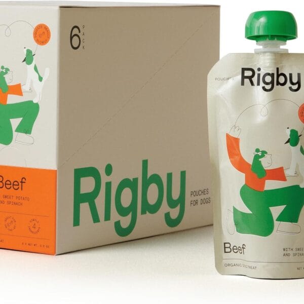 Rigby Organic Grass-Fed Beef Dog Treat Pouches  Low-Calorie Squeeze Treat for Training, Enrichment, Meal Topping & Pill Time  Supports Muscle, Digestive & Whole-Body Vitality  6 Pack