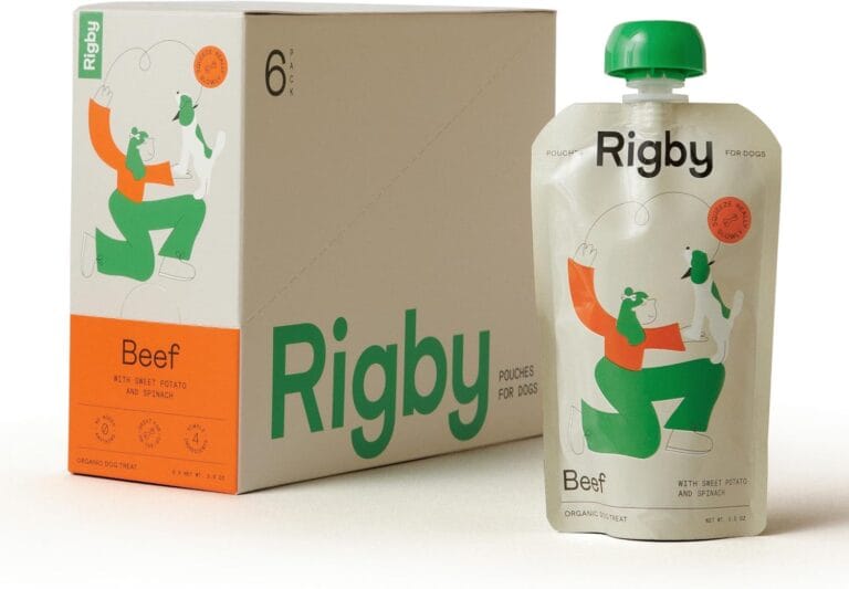 Rigby Organic Grass-Fed Beef Dog Treat Pouches  Low-Calorie Squeeze Treat for Training, Enrichment, Meal Topping & Pill Time  Supports Muscle, Digestive & Whole-Body Vitality  6 Pack