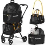 PAWZIDEA Double Pet Stroller with 2 Detachable Carriers, Portable Dog Crate for Car Travel & TSA-Approved Expandable Cat Carrier, Foldable Lightweight Jogger Stroller for 24 Cats or Small/Medium Dogs