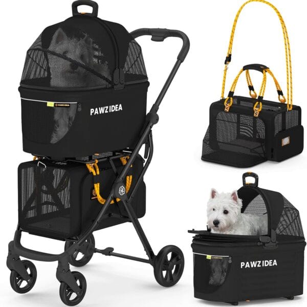 PAWZIDEA Double Pet Stroller with 2 Detachable Carriers, Portable Dog Crate for Car Travel & TSA-Approved Expandable Cat Carrier, Foldable Lightweight Jogger Stroller for 24 Cats or Small/Medium Dogs