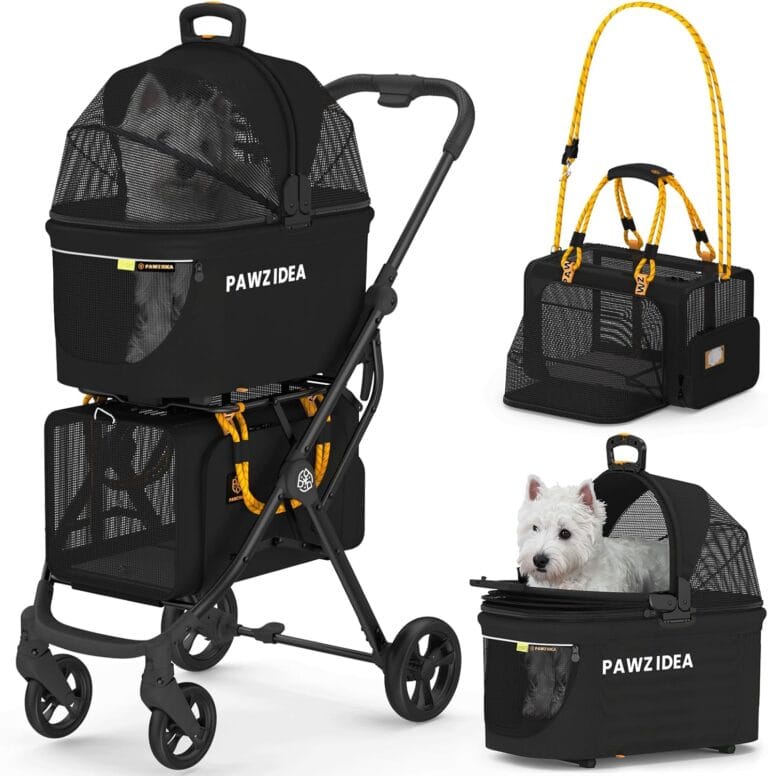 PAWZIDEA Double Pet Stroller with 2 Detachable Carriers, Portable Dog Crate for Car Travel & TSA-Approved Expandable Cat Carrier, Foldable Lightweight Jogger Stroller for 24 Cats or Small/Medium Dogs