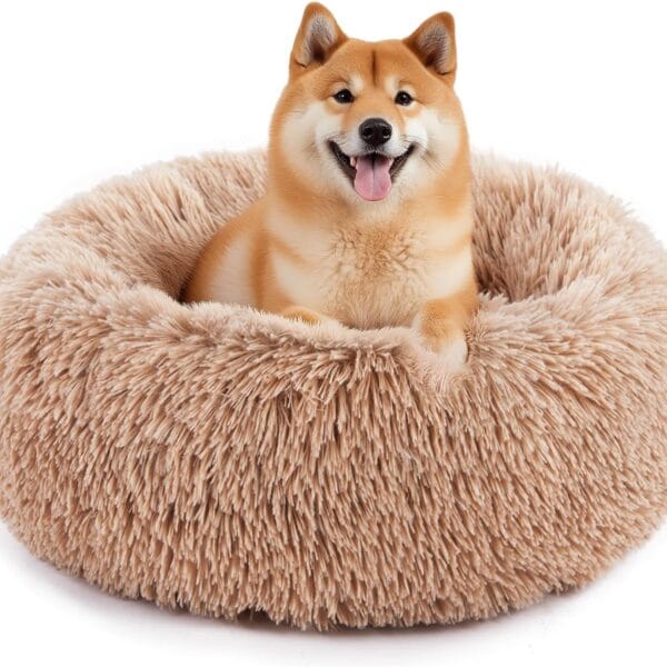 Sweetcrispy Calming Donut Dog & Cat Bed, Machine Washable Cuddle Warming Cozy Fluffy Faux Fur Plush Round Anti-Anxiety Waterproof Anti-Slip Pet Sleeping Sofa, Olive Brown, 24x24x8 inches