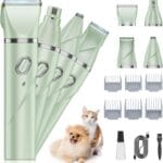 Upgrade Dog Grooming Kit, Cordless Dog Paw Trimmer, 4 in 1 Low Noise Pets Hair Clipper Grooming Kit, 2-Speed Nail Grinder with Stainless Steel Blade for Small Pet with Thick Coats (Green)