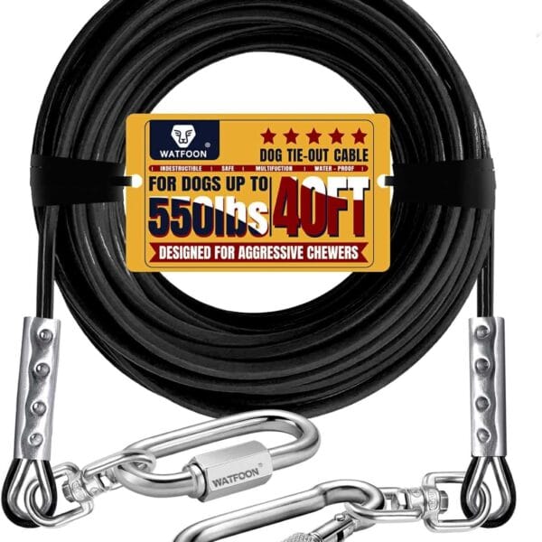 WATFOON Dog Leads for Yard, 1500LBS Break Strength, Stainless Steel Heavy Duty Tie Out Cable for Dogs Training with Dual Rotating Hooks, Water Resistant Dog Chain Leads for Outside Camping (40ft)
