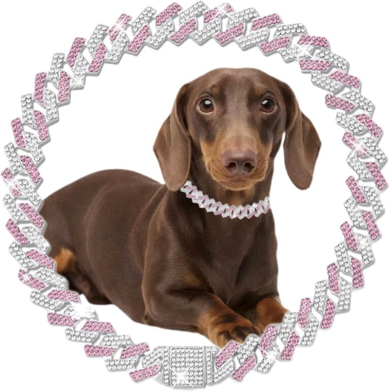 Dog Chain Collars, Diamond Rhinestone Bling Glitter Metal Choke Cuban Link Dog Collar,Pet Jewelry for Puppy Small Medium Large Dogs Cats (Pink 12inch)