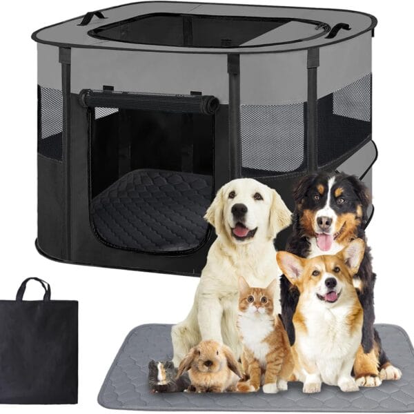 Portable Dog Cat Playpen with Waterproof Pad,Collapsible Pet Puppy Kitten Crate,Foldable Small Animals Kennel Cage for Indoor Outdoor Travel Camping,Water-Resistant Breathable Shade Cover (Grey M)