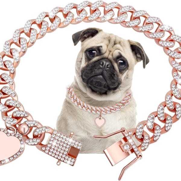 Cuban Dog Chain with Pet ID Tag, Bling Crystal Choke Collar Dog Metal Training Chain Walking Necklace for Small Medium Large Dogs Cats