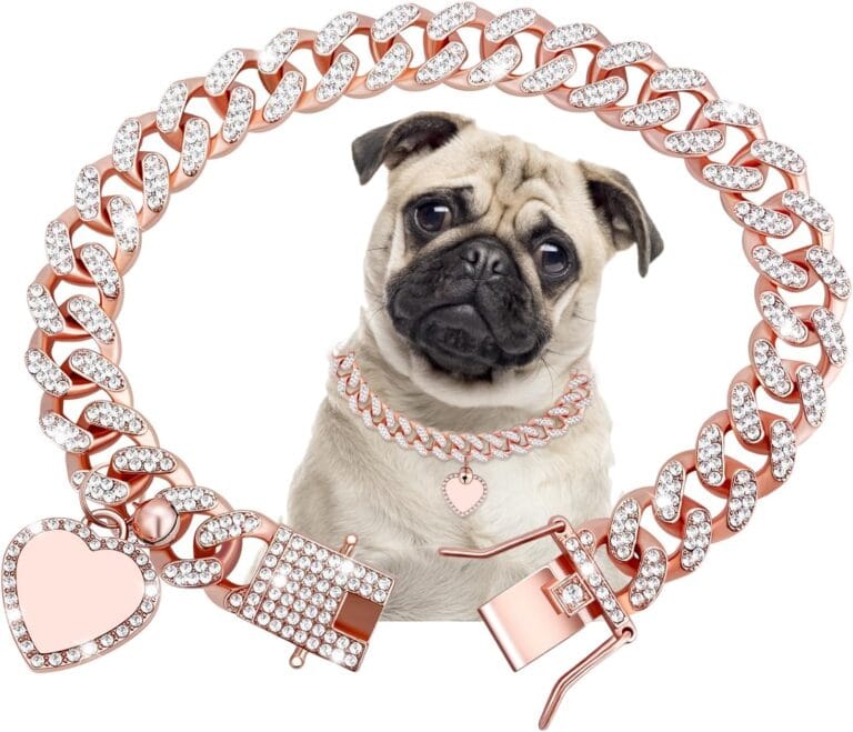 Cuban Dog Chain with Pet ID Tag, Bling Crystal Choke Collar Dog Metal Training Chain Walking Necklace for Small Medium Large Dogs Cats
