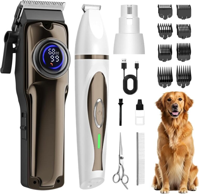 Dog Grooming Kit, Dog Clippers for Grooming Paw Trimmer Nail Grinder, Low Noise Rechargeable Cordless, Pet Shaver with Stainless Steel Blade for Pets Cats Animals