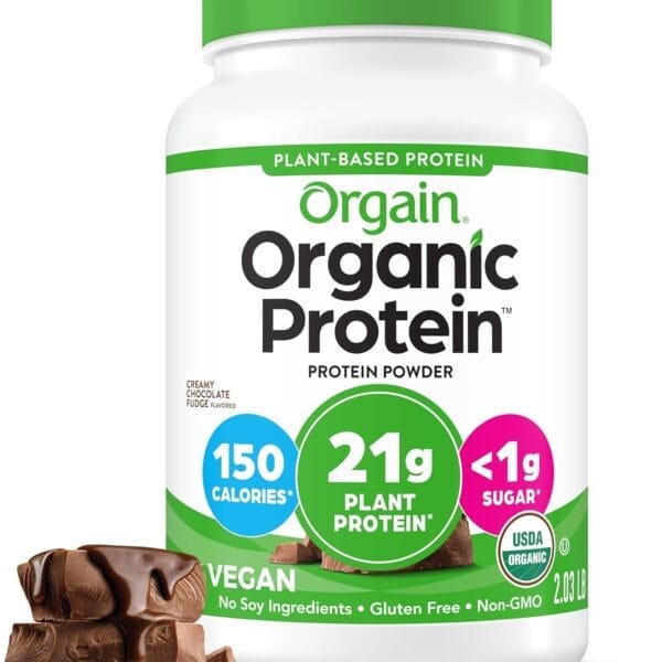Orgain Organic Vegan Protein Powder, Creamy Chocolate Fudge - 21g Plant Protein, 6g Prebiotic Fiber, Low Net Carb, No Lactose Ingredients, No Added Sugar, Non-GMO, For Shakes & Smoothies, 2.03 lb