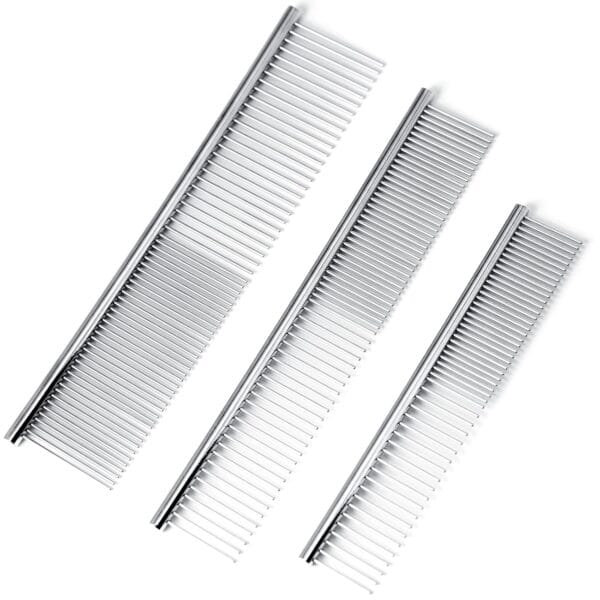 [3 Pack] Stainless Steel Pet Comb Set  Grooming Combs for Dogs & Cats, Large Medium Small Sizes  for Long, Short, Curly Hair, Detangling Matted or Knotted Undercoat Hair