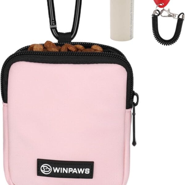 Dog Treat Pouch with Training Clicker,Waterproof Nylon Fabric Poop Bag Holders for Leashes,Hands Free Small Dog Walking Bag with Carabiner, Pet Puppy Training Walking Essentials (Pink)