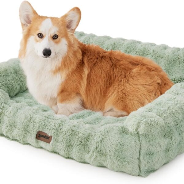 Green Dog Bed for Large Dogs-Orthopedic Dog Couch Bed with Supportive Egg Foam, Fluffy Faux Fur Pet Sofa with Removable Washable Cover and Non-Slip Bottom