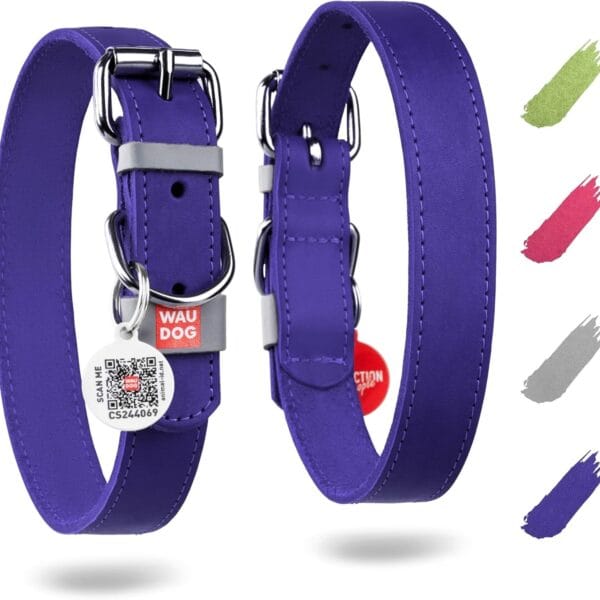 WAUDOG Long Lasting Leather Dog Collar for Large Dogs, Medium & Small Dogs - Adjustable Classic Puppy Collars for Large Breed Dogs - Boy & Girl Dog Collars with Durable Buckle, D-Ring & QR Dog Tag