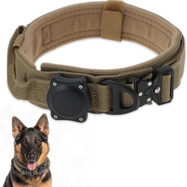 Dog Collar, Waterproof Tactical Dog Collar with Control Handle and Zinc Alloy Buckle, Pet Collar for AirTag Medium Large Dogs, Medium, Khaki (Includes Screwdriver Accessories)