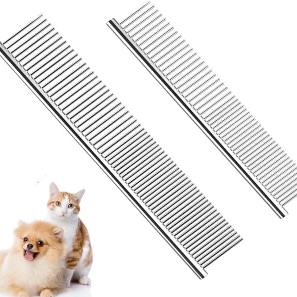 Dog Combs for Grooming, 2 Pack Metal Dog Comb with Rounded Teeth, Stainless Steel Cat Comb for Removing Tangles and Knots for Dogs and Cats