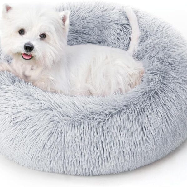 Calming Dog Bed & Cat Bed for Indoor Cats, Medium Size Washable Anti-Slip Anti-Anxiety Donut Dog Beds for Small Dogs & Cats, Fluffy Plush Cozy Round Dog Bed(20 Inch, Light Grey)