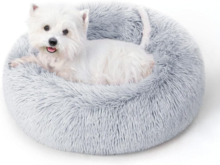 Calming Dog Bed & Cat Bed for Indoor Cats, Medium Size Washable Anti-Slip Anti-Anxiety Donut Dog Beds for Small Dogs & Cats, Fluffy Plush Cozy Round Dog Bed(20 Inch, Light Grey)