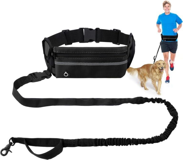 Hands Free Dog Leash - Waist Running Leashes with Zipper Pouch, Adjustable Reflective Waist Belt, Dualc Handle Retractable Bungee for Small Medium Large Dogs Walking Jogging (Black 4.1-7.2ft)