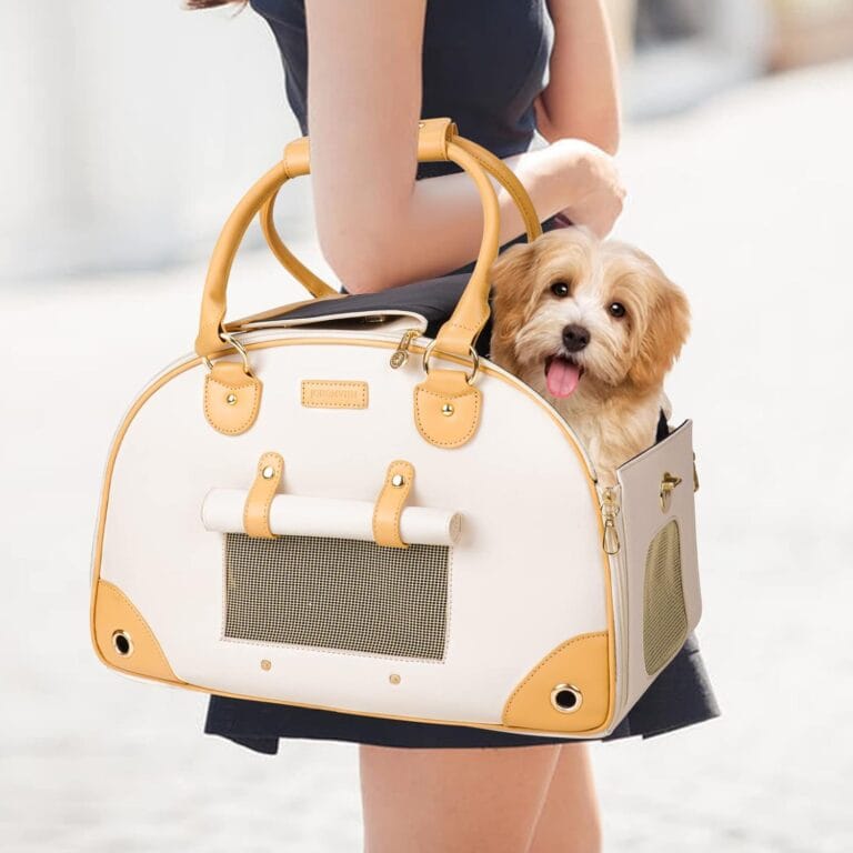 Foldable Premium PU Leather Dog Purse - Portable Pet Carrier Tote Bag for Small to Medium Cats and Dogs (Creamy White - Small)