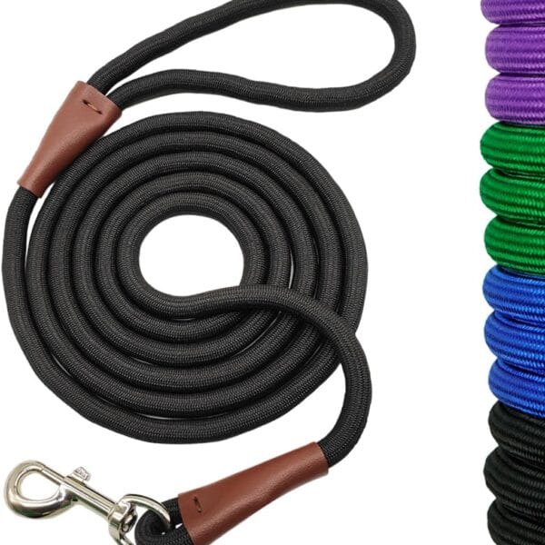6 FT/8 FT/10 FT Rope Dog Leash, 1/2 Strong Nylon Climbing Leash with Leather Tailor Connection, Great for Medium and Large Dogs (1/2" x 8 ft, Black)