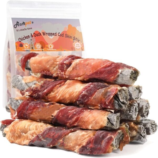 ASMPET Dog Cod Skin Treats, Chicken & Duck Wrapped Cod Skin Sticks, Rawhide Free Dog Treats Chews Bones
