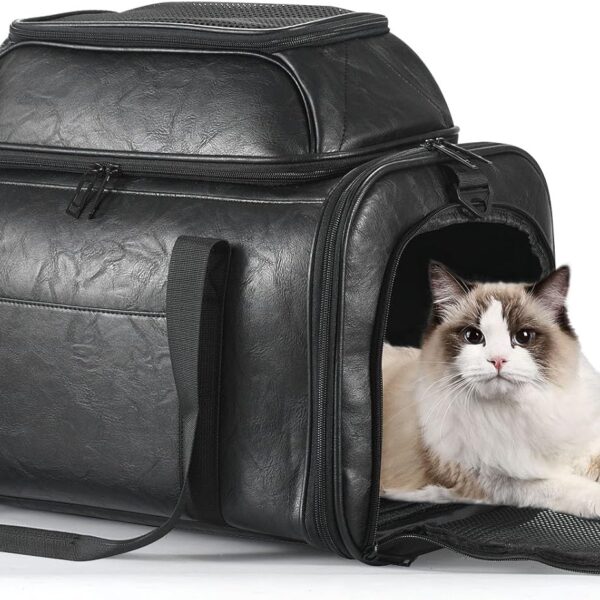 Premium Leather Top Expandable Pet Carrier for Small Dogs & Cats Under 15 lbs, Airline Approved Collapsible Soft-Sided Luxury Travel Bag Black