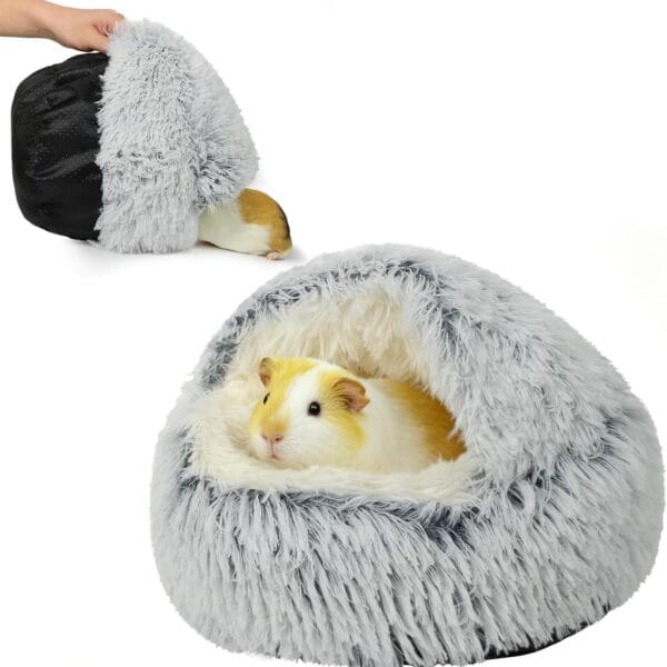 Soothing Guinea Pig Hideout, Doughnut Guinea Pig Bed with Hooded Cover, Washable Hamster Rabbit Bunny Bed, Washable Round Cave Beds for Small Animal Bunny Rabbit Hideout (Grey)