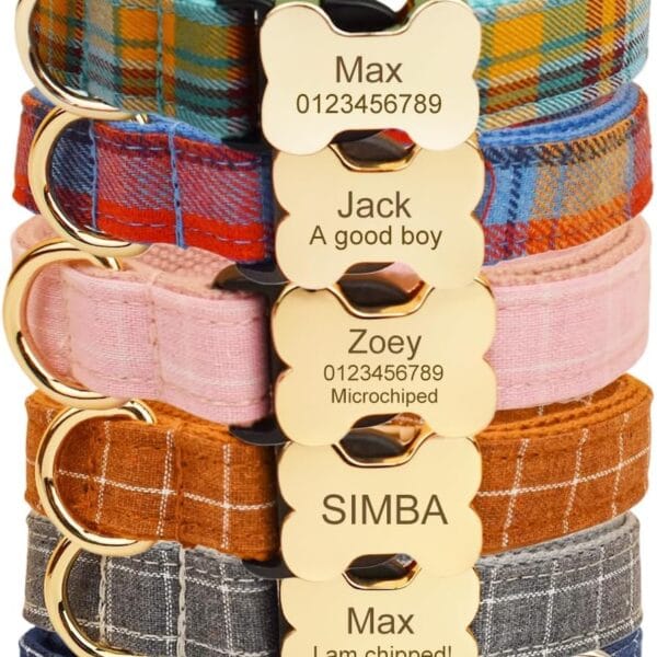 Personalized Dog Collar with Bone Buckle  Custom Name & Phone Number Engraved, Adjustable Quick Release for Small to Large Dogs (Plaid Tartan)