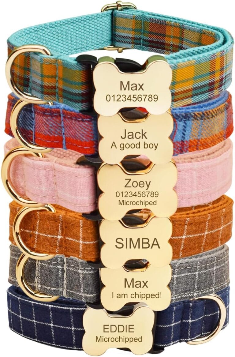 Personalized Dog Collar with Bone Buckle  Custom Name & Phone Number Engraved, Adjustable Quick Release for Small to Large Dogs (Plaid Tartan)