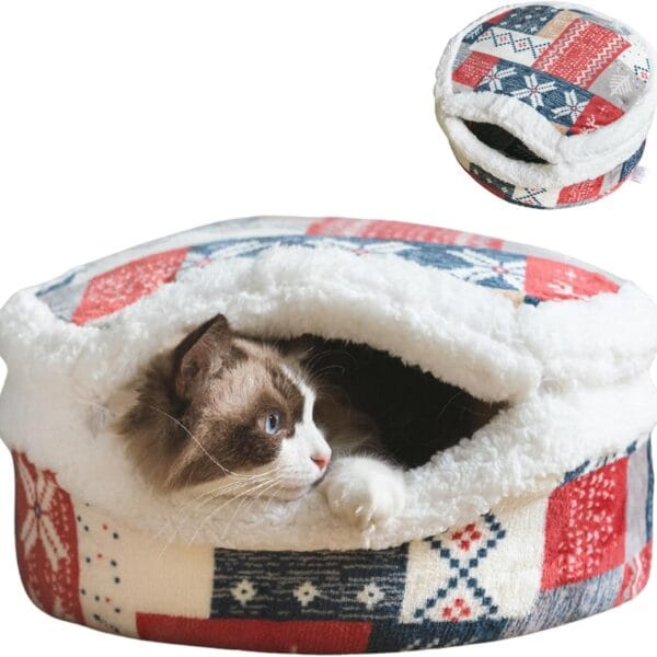 Cat Cave Bed  Plush, Warm & Calming Hideaway with Detachable Lid & Mat, Covered House for Indoor Kitten & Kitty (Snow)