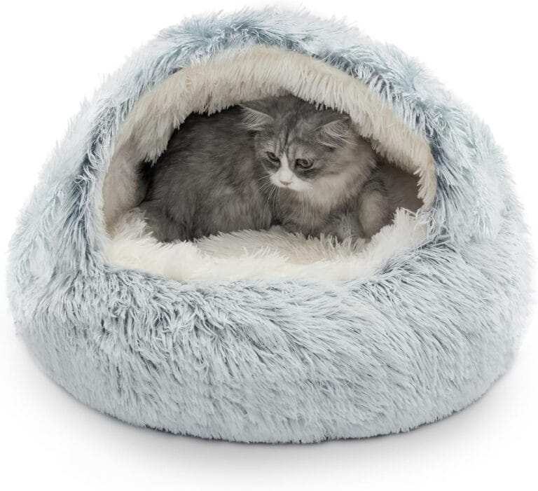 CATISM Cozy Plush Hooded Cat Bed, Indoor/Outdoor, Self-Warming Cave, Removable Washable Non-Slip Bottom