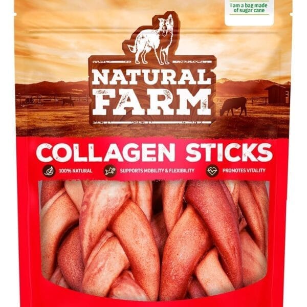 Natural Farm Odor-Free Super Braided Collagen Dog Chews (6-Inch, 5-Pack) First Ever Real Bull Sticks Alternative, 100% Natural Angus Hide Collagen Treats- More Protein More Chew Time for All Dogs