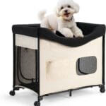 VEVOR Bedside Lounge Pet Bed, Foldable Bunk Dog Bed with 600D Oxford Cloth and Dutch Velvet, Portable Raised Cot with Wheels, Side Storage Bags, and Carry Bag for Cats & Dogs, XL, Beige