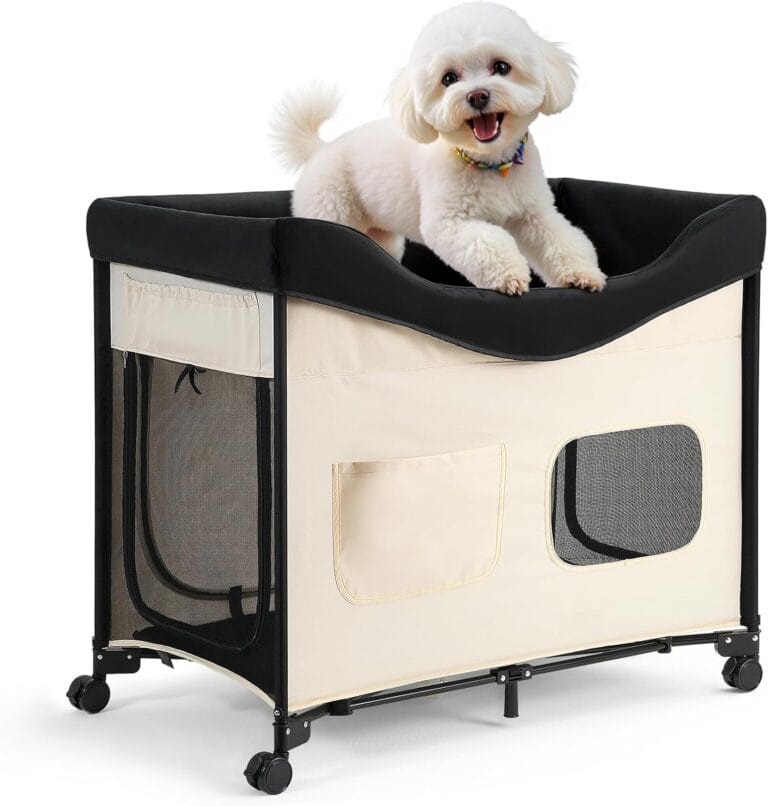 VEVOR Bedside Lounge Pet Bed, Foldable Bunk Dog Bed with 600D Oxford Cloth and Dutch Velvet, Portable Raised Cot with Wheels, Side Storage Bags, and Carry Bag for Cats & Dogs, XL, Beige