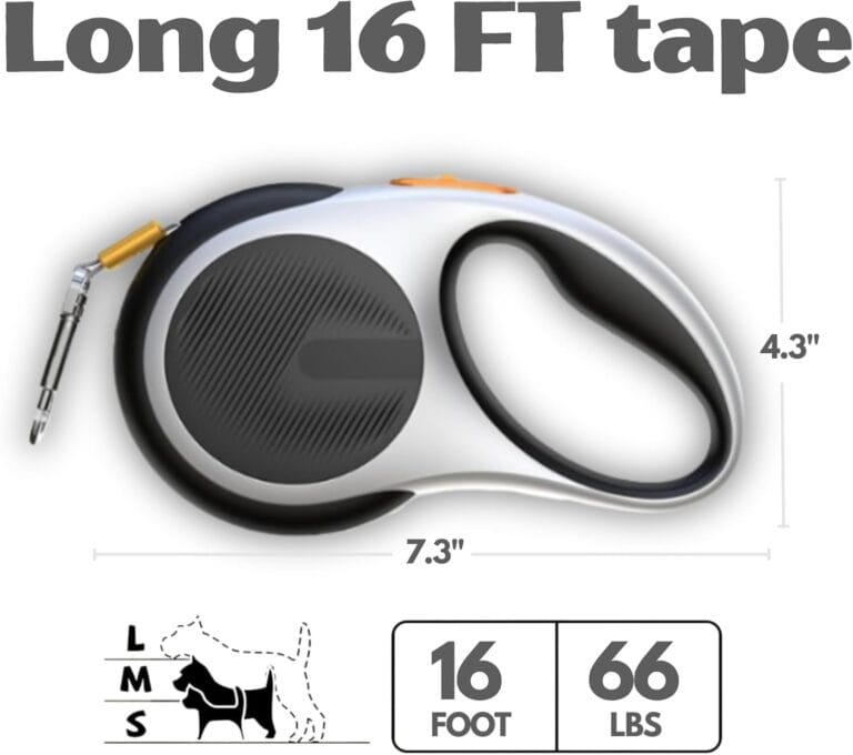 Retractable Dog Leash for Pets Up to 66 lbs, 16' Heavy Duty Reflective Nylon Tape, Tangle Free, Anti-Slip Handle with One Button Control