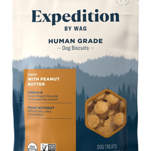 Amazon Brand - Wag Expedition Human Grade Organic Biscuits Dog Treats, Non-GMO, Peanut Butter, 10oz